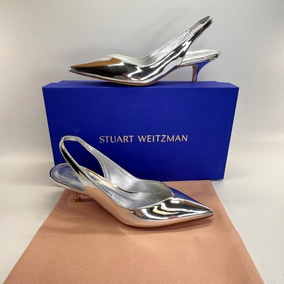 Stuart Weitzman EVA 50 Slingback Heels Sz 7.5 Silver Metallic Kitten Pointed Toe - Picture 14 of 14